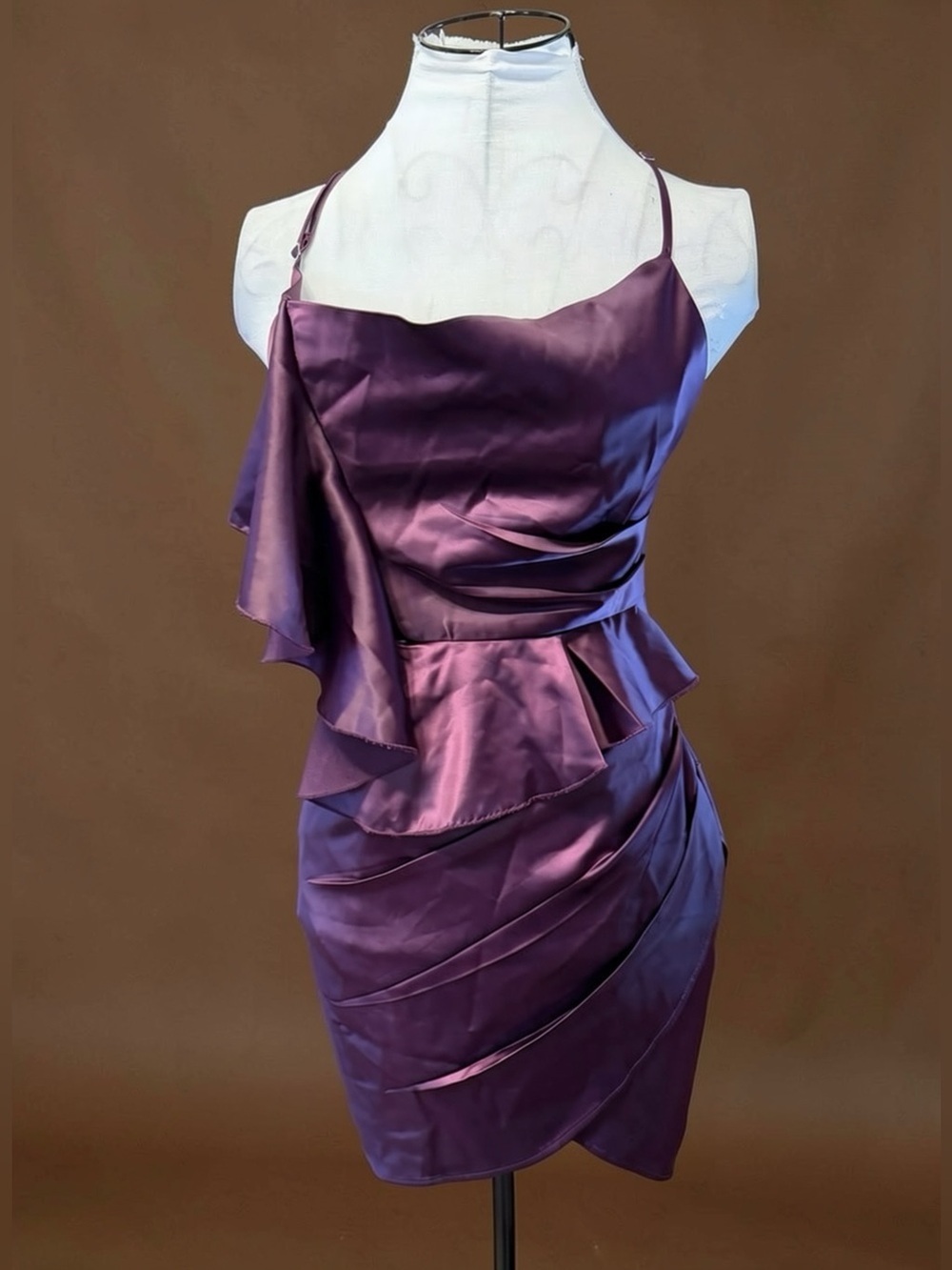 Plum Purple Satin Ruffle Peplum Asymmetric Ruched Mini Dress XS Hoco